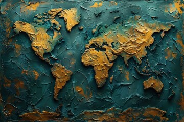 Graphic design mockup featuring a 3D world map with detailed geography and topography, rendered in vibrant shades of green, brown, and blue.