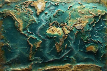Graphic design mockup featuring a 3D world map with detailed geography and topography, rendered in vibrant shades of green, brown, and blue.