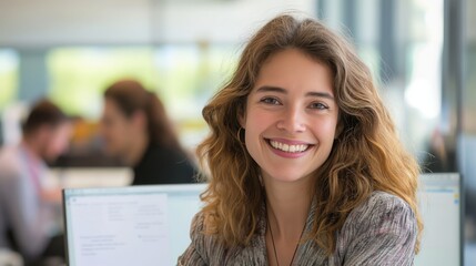 Fototapeta premium Cheerful Young Professional Woman in Modern Office Setting, Ideal for Corporate Projects and Business Campaigns