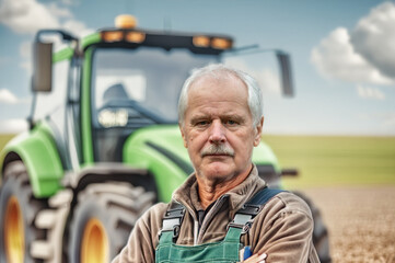 Portrait of proud farmer in front of a tractor.