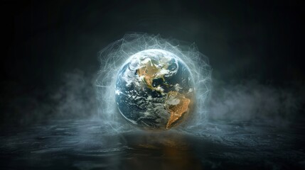 A 3D-rendered image of a digital globe displaying real-time global weather patterns, showcasing the planet's dynamic and interconnected atmospheric systems.