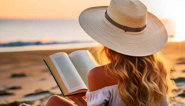 Close-up and rear view of a beautiful young blonde woman with a large white straw hat, reading a book sitting on the beach at sunset or sunrise. Beach holiday concept. Generative Ai.