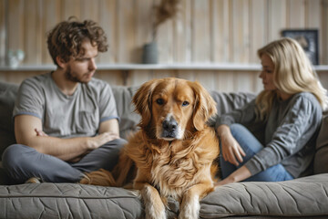 A dog in between an arguing couple, divorce pet