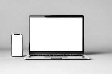 A laptop computer rests gracefully on a pristine white table, embodying modern technology meets minimalist design. Mockup for design. Isolated.