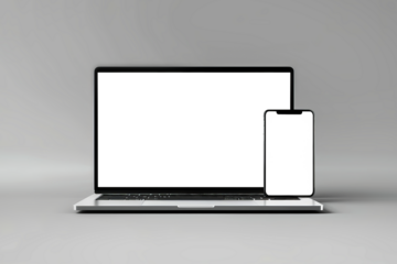 A laptop and a cell phone are placed side by side, showcasing the perfect synergy between technology and communication devices. Mockup for design. Isolated.