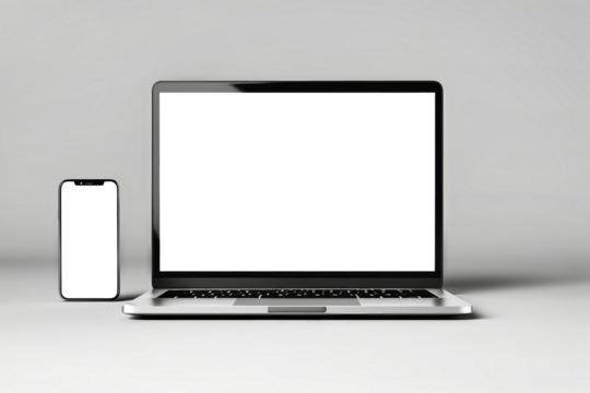 A laptop computer rests gracefully on a pristine white table, embodying modern technology meets minimalist design. Mockup for design. Isolated.