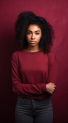 Maroon background sad black independent powerful Woman. Portrait of young beautiful bad mood expression girl Isolated on Background racism skin color depression 