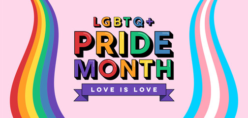 LGBTQ+ Pride Month Text and Rainbow Pride Flag Ribbon on Pink Background. Vector Illustration for LGBTQ Pride Month with Rainbow Pride Flag and Trans Flag Background.