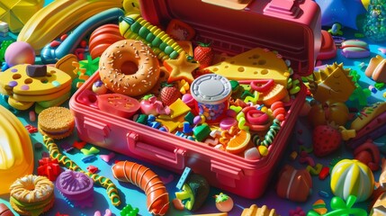 A colorful suitcase full of candies for a birthday party