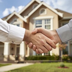 real estate deal , man's shaking hands near beautiful new house