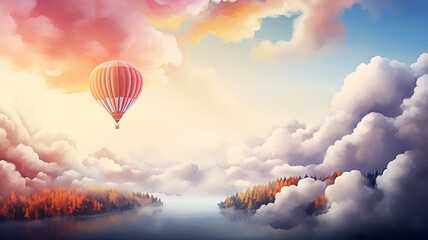 Obraz premium A balloon is flying about the sky among the clouds, a background postcard in watercolor style