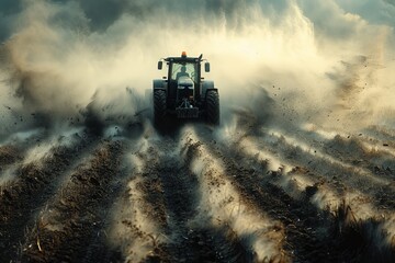 Fototapeta premium Tractor at work creating a spectacle of dust and power while plowing a dry agricultural field at dusk