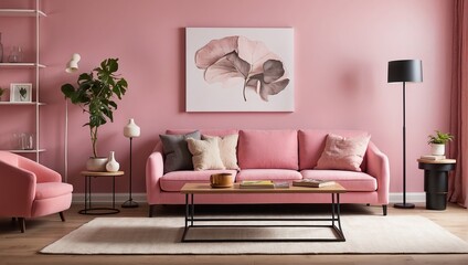 A pink living room with a pink couch, pink walls, and a pink rug. There is a plant in the corner and a book case with books and plants on it. There are two small tables with lamps on them.

