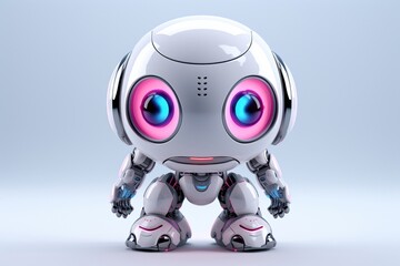 Cute and cheerful, this 3D rendering depicts a white robotic teen child toy, complete with a winning smile and engaging gestures.