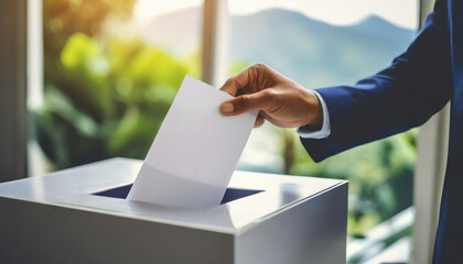  hand placing ballot in box, symbolizing democratic participation and civic duty