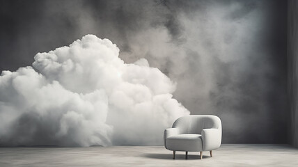 Fluffy white cloud, thick smoke, soft armchair in the interior of the room minimalism