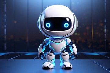 Cute and cheerful, this 3D rendering depicts a white robotic teen child toy, complete with a winning smile and engaging gestures.