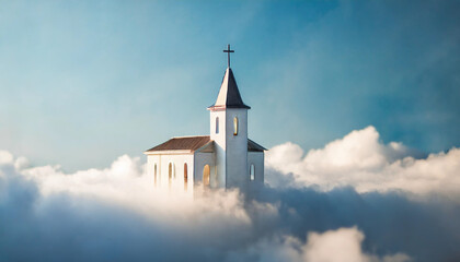 church in clouds symbolizes spiritual elevation and purity. Conceptual image for transcendence and divine connection