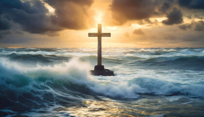 seascape with cross at sunset, symbolizing hope and faith amidst turmoil