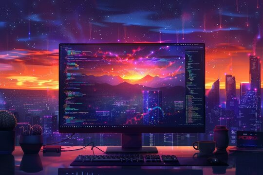 A vibrant digital workspace setting showcasing a coding environment, cityscape, and cosmic sky, representing creativity and innovation
