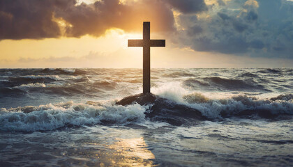 seascape with cross at sunset, symbolizing hope and faith amidst turmoil