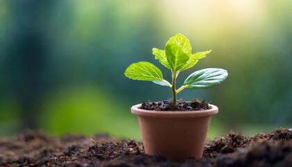 green plant in small pot against soft focus backdrop, representing growth, vitality, and eco-friendliness