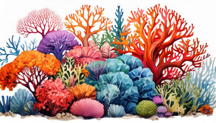 A diverse assembly of colorful coral species artistically arranged, isolated on a white back