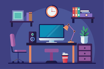 Computer Workspace room flat illustration of minimalistic office desk.