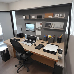 Sleek Modern Workspace with Laptop, Coffee Cup, and Office Supplies