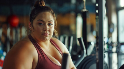 Fototapeta premium A young woman in sportswear stands against the backdrop of a fitness club. Person after training in a Gym