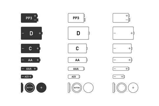 Different types battery icon set. Kinds of sizes of batteries C, AA, AAA, AAAA, energy, power. Flat vector illustration isolated on white background.