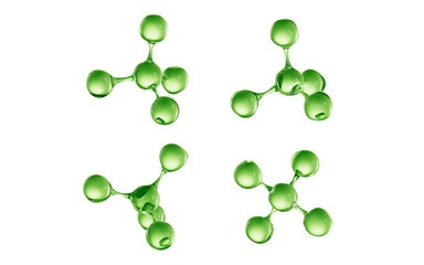 Transparent green molecules with different angles, 3d rendering.