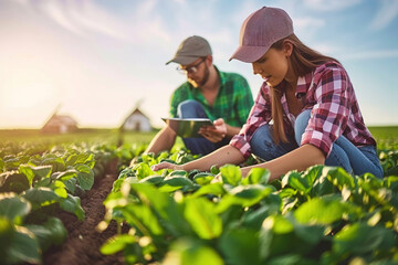 Inspectors examining crops in organic farm field, verifying certification standards.