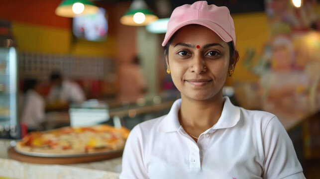 young indian woman standing at sweet shop