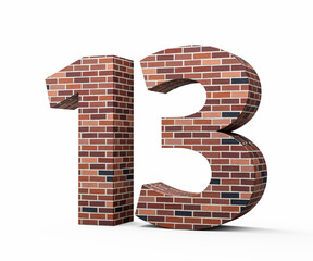 Bricks Wall Number Thirteen 13 Digit Made Of Colored Wall Of Bricks White Background 3D Illustration