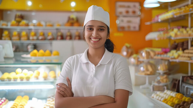 young indian woman standing at sweet shop