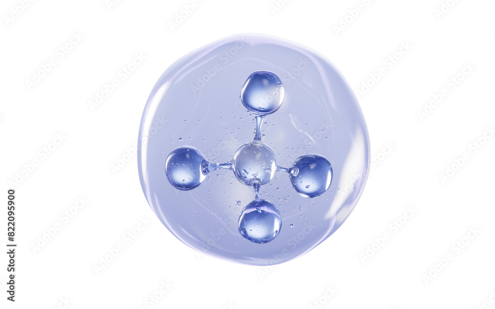 Sticker Molecule and purple cosmetics liquid ball, 3d rendering.