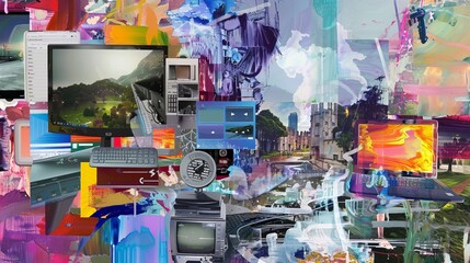 Abstract colorful collage with geometric shapes and cityscape for design and technology projects