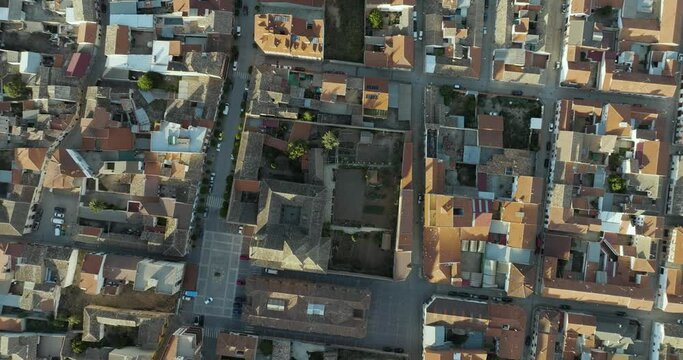 Aerial view of urban forms in downtown San Clemente, Castilla - La Mancha, Spain.