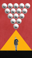 Pyramid of eyes focused on man, illustrating control through constant observation. No freedom. Contemporary art collage. Concept of propaganda, information, social pressure, news. Creative design