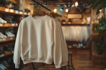 Several ivory sweatshirts hanging on hanger in modern clothing store. Mockup template for sweatshirt design. Sale fashionable clothes