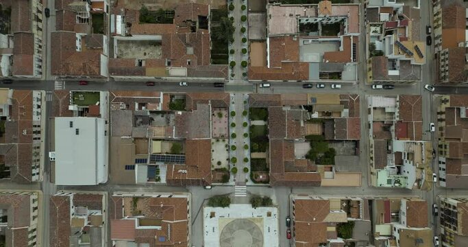 Aerial view of residential buildings and rooftops in small town, La Carolina, Andalusia, Spain.