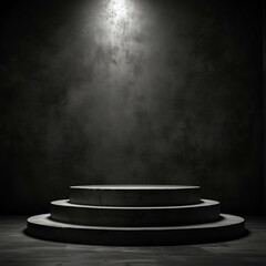 Obraz premium Podium black dark smoke background product platform abstract stage texture fog spotlight. Dark black floor podium dramatic empty night room table concrete wall scene place display studio smoky dust