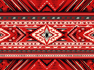 print design in the style of ethnic carpet patterns, Aztec art and African textile designs. Red blue yellow orange	
