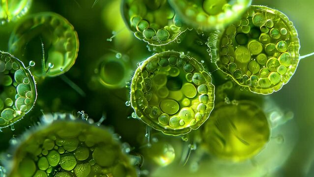 A mesmerizing macro shot showing the intricate patterns and vibrant green shades of algae cells under a microscope