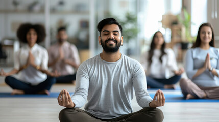 Happy Indian people doing yoga at the office, sitting on mats. Relaxed.