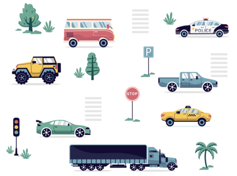 a seamless, trend pattern of cars. Transport background for children. A template with doodles of toy cars, road signs. for print, paper, banner. art png illustration.