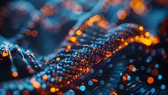 Delve into the intricate beauty of bioluminescent nanotech structures, glittering with vibrant life as they dance in a microcosmic wonderland under the stars