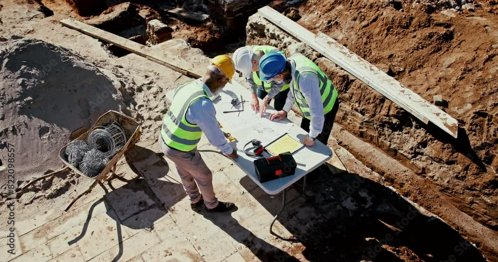 Poster team, architects and blueprint of building, construction or digging site for planning foundation of 