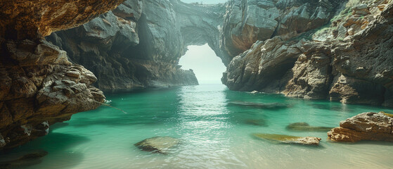 Obraz premium Hidden paradise cove with calm waters and towering cliffs, secluded selective focus, secret escape, ethereal, manipulation, coastal backdrop